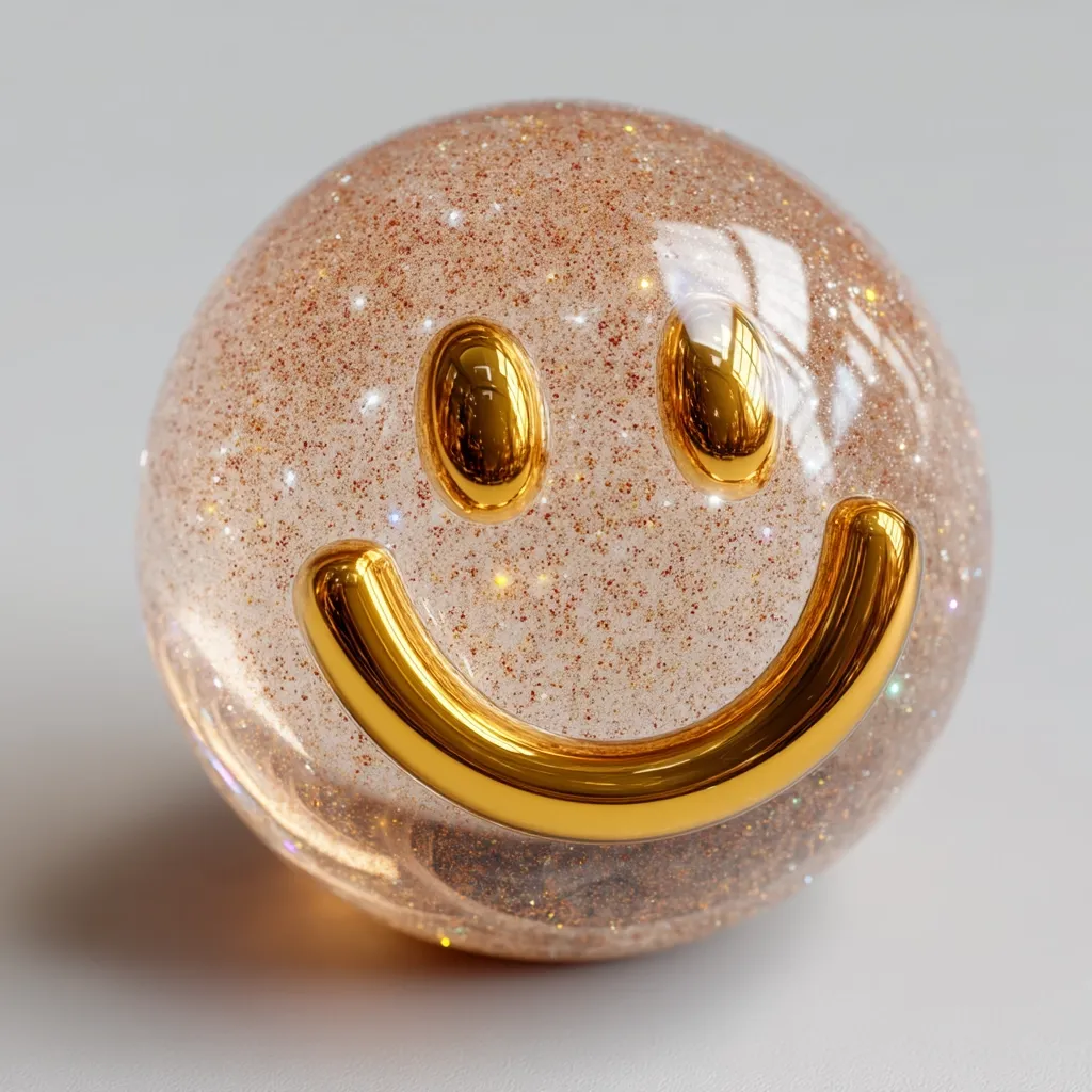A translucent sphere, filled with shimmering light brown glitter, features a golden, three-dimensional smiley face.  The glossy gold contrasts beautifully with the delicate sparkle of the sphere's contents.  The overall effect is cheerful and playful, creating a whimsical decorative object.
