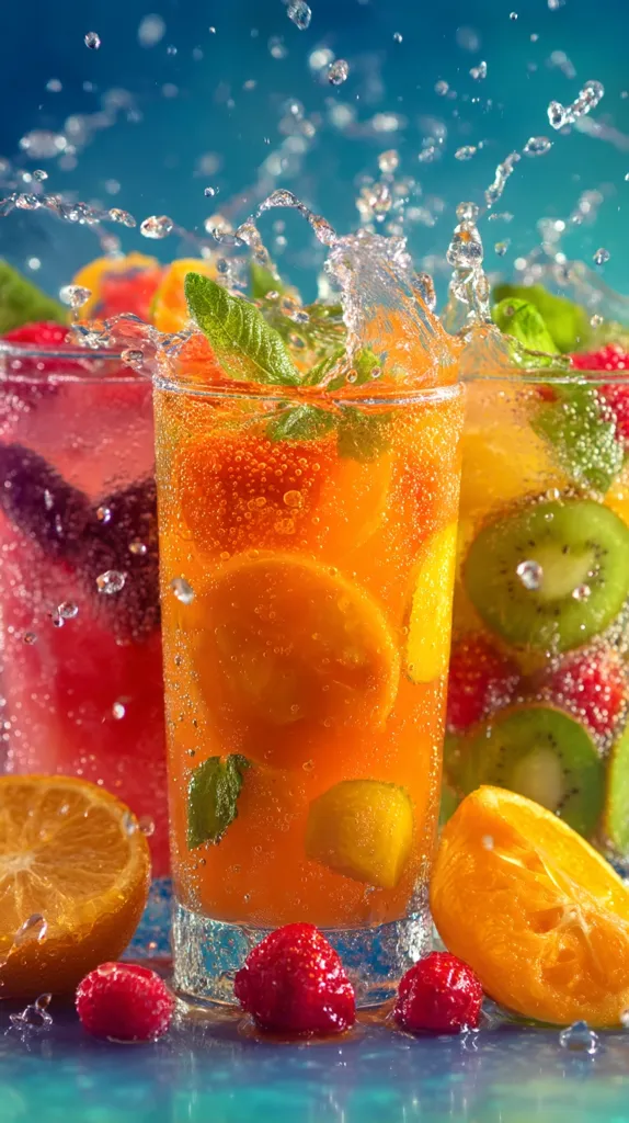 Three glasses of refreshing fruit-infused drinks are shown, with water splashing around them.  The central glass features an orange-based beverage with orange slices, raspberries, and mint.  Flanking glasses contain a pink and a green fruit mixture.  Bright, juicy oranges, raspberries, and kiwi decorate the base, creating a vibrant and thirst-quenching image.