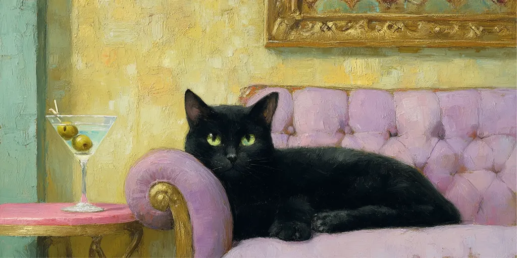 A black cat with luminous green eyes lounges on a lavender tufted chaise lounge. A martini glass with olives sits on a pink side table beside the couch.  The background features a muted yellow wall and a gold-framed picture. The painting style is impressionistic, with visible brushstrokes.