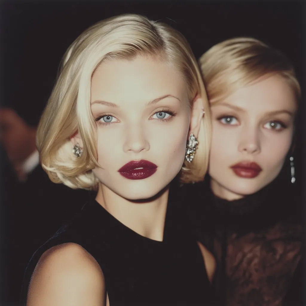Close-up shot of two blonde women with short, styled hair.  They are wearing dark lipstick and elegant earrings.  The woman in the foreground has a classic bob, and both women have a similar makeup style.  The background is dark and out of focus, emphasizing the women's faces and makeup.  The overall impression is one of sophistication and glamour.