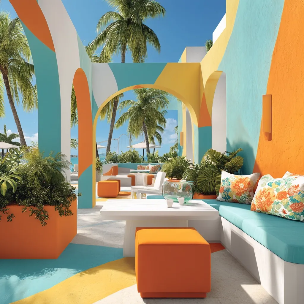 A vibrant outdoor lounge area boasts a playful color palette of teal, orange, and yellow.  Archways frame a view of palm trees and a tranquil ocean.  Modern white furniture, including a low coffee table and orange ottomans, complements the colorful walls. Lush tropical plants add to the relaxing ambiance of this idyllic setting.  Floral patterned cushions enhance the comfort of the built-in seating.