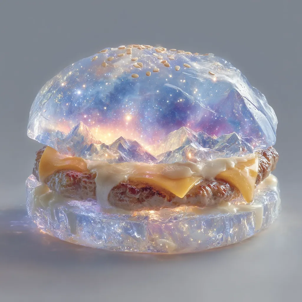 A surreal image depicts a hamburger encased in a translucent, ice-like substance.  The interior glows with a cosmic scene: a starry night sky above a snow-capped mountain range.  The burger itself appears juicy, with melted cheese visible beneath the frozen shell. Sesame seeds are scattered on top, adding to the fantastical aesthetic.  The overall effect is dreamlike and otherworldly.