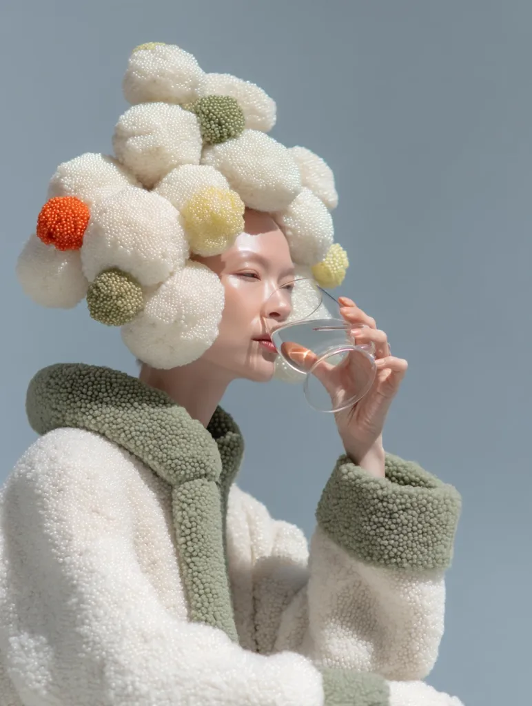 A woman with a unique beaded headpiece resembling fluffy white and pastel-colored blossoms drinks from a clear glass.  She wears a cream-colored coat with sage green accents, the texture mirroring the headpiece.  The minimalist backdrop accentuates the intricate details of her attire and the serene moment captured.