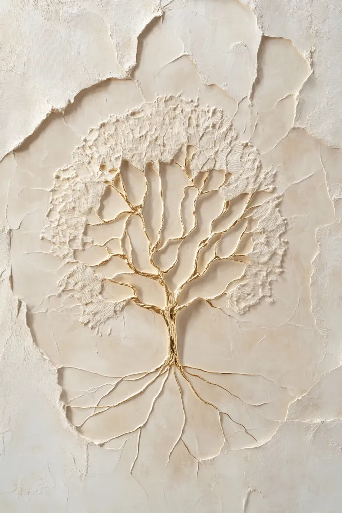 A textured beige background features a three-dimensional gold tree. The tree's branches are intricately detailed, contrasting with the rough, cracked texture of the surrounding surface.  The style suggests a modern art piece, possibly a relief sculpture or painting with substantial texture. The gold accents stand out against the muted beige creating a visually appealing contrast.