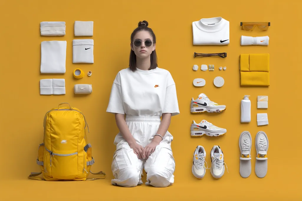 A young woman kneels on a yellow background surrounded by Nike apparel and accessories.  She wears a white Nike t-shirt, white pants, and sunglasses.  The items arranged around her include a yellow backpack, white clothing items,  Air Max 90 sneakers in off-white and orange, and various smaller accessories in coordinating colors. The overall aesthetic is minimalist and clean.