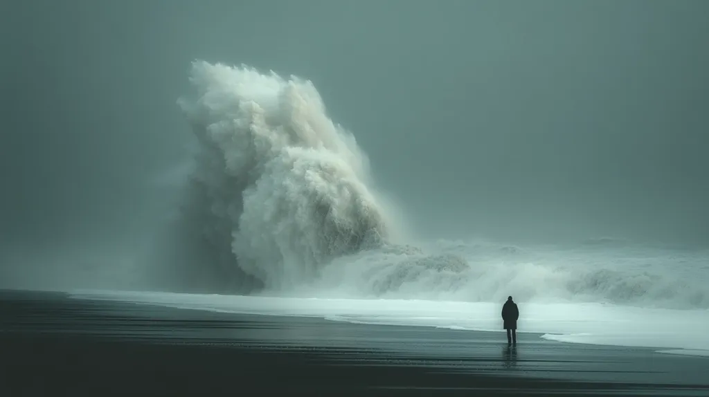 A solitary figure stands on a dark, sandy beach, silhouetted against a colossal, churning wave.  The wave, a towering mass of white foam and spray, dominates the scene under a muted, gray sky.  The overall atmosphere is one of dramatic power and solitary contemplation in the face of nature's immense force.  The scene evokes a sense of awe and perhaps even vulnerability.