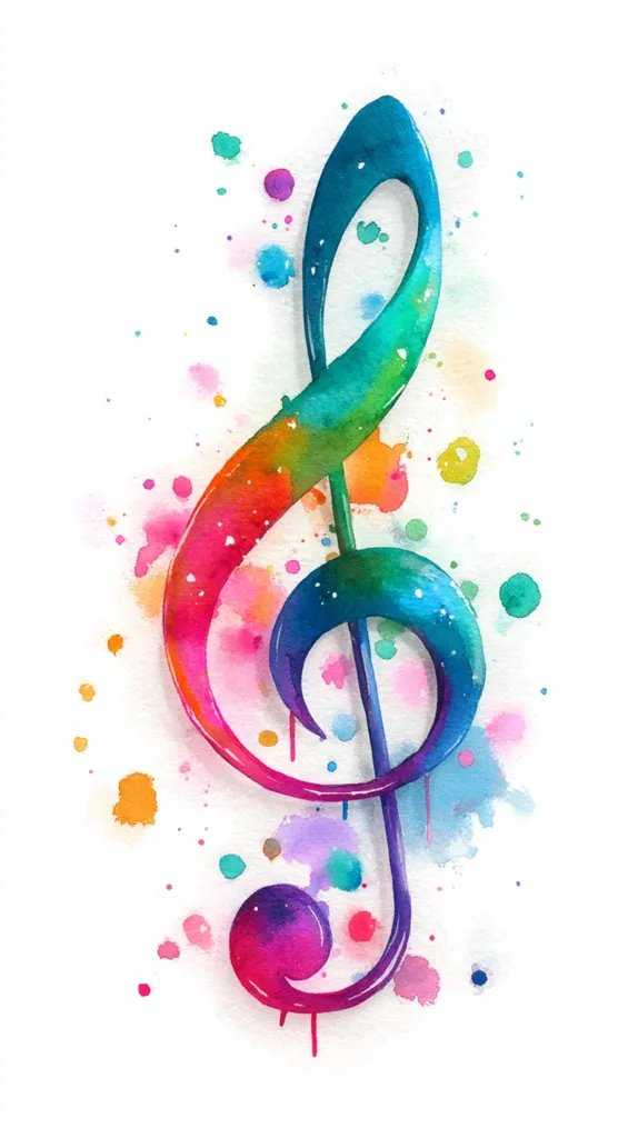 A vibrant watercolor painting depicts a treble clef, rendered in a rainbow of colors.  The clef is bold and stylized, with paint splatters in various hues surrounding it, creating a dynamic and energetic feel.  The colors blend seamlessly, creating a sense of movement and musicality. The background is white, allowing the colorful clef to stand out prominently.