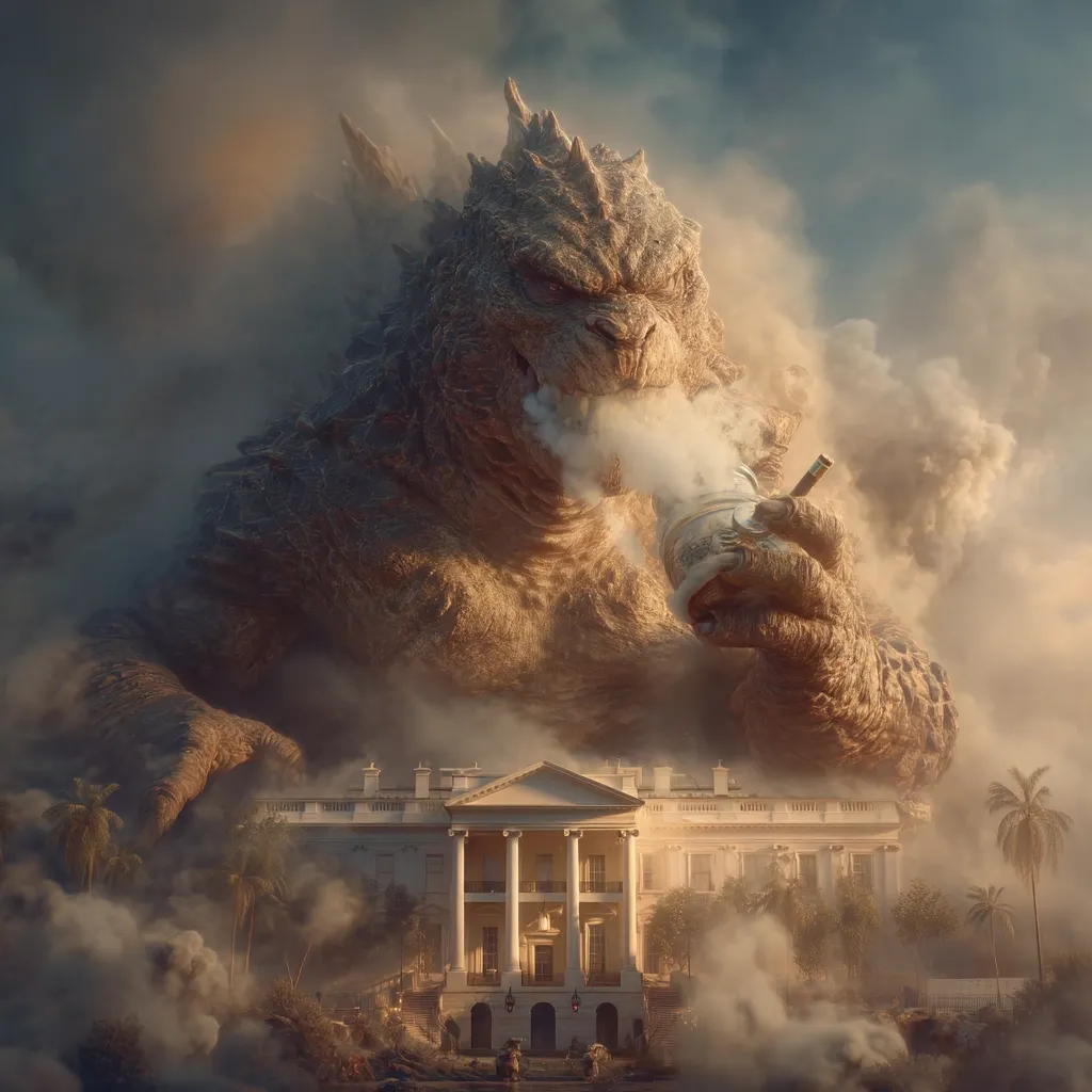 A colossal Godzilla-like creature, shrouded in mist, dominates the foreground.  It casually holds a large cup, exhaling smoke.  In the background, a smaller, seemingly unharmed White House sits amidst tropical foliage, dwarfed by the monstrous figure. The overall scene is dramatic and surreal, blending fantasy with a realistic depiction of a famous landmark.