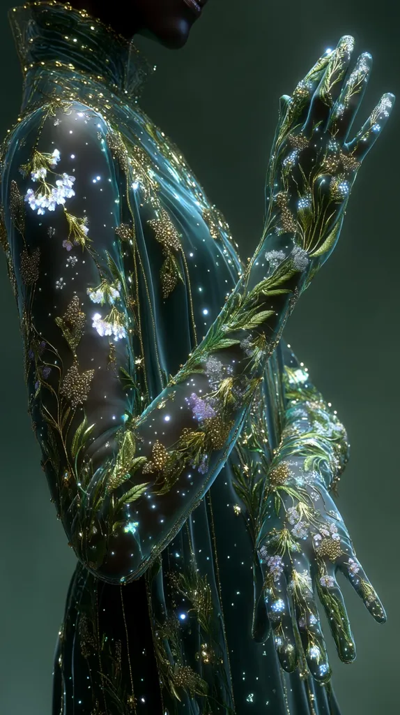A close-up reveals a model adorned in a sheer, teal gown intricately embroidered with luminous floral patterns in gold and pastel hues.  The design extends to the long gloves, creating a flowing, ethereal effect. The dark background emphasizes the gown's luminescence, resembling a celestial, botanical masterpiece.  The overall impression is one of otherworldly elegance and delicate beauty.