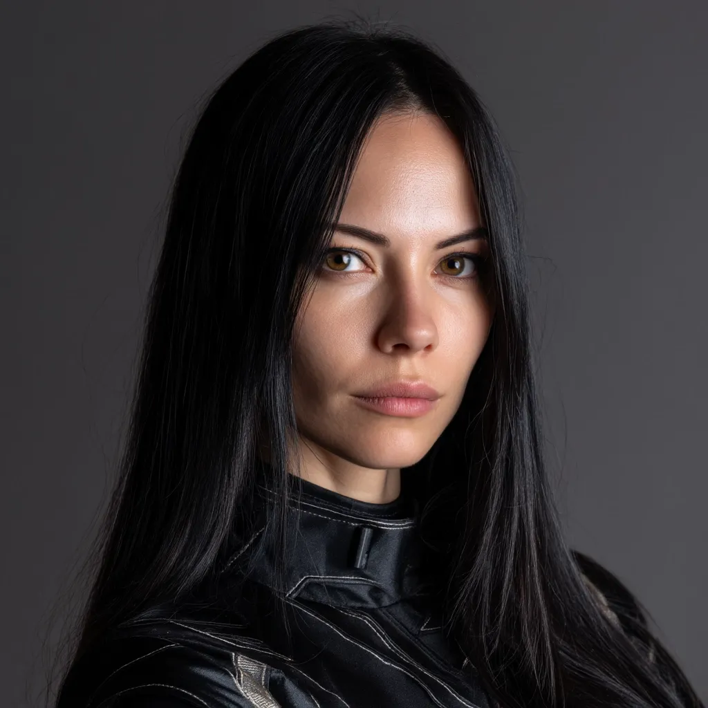Close-up portrait of a young woman with long, straight black hair. She's wearing a black racing suit, her expression serious and direct.  Her dark eyes and pale skin contrast against the dark background. The image has a dramatic, moody feel.