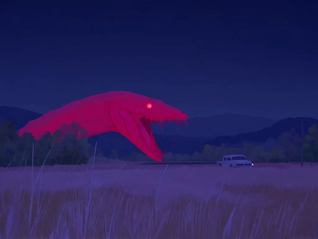 A giant, glowing red serpentine creature looms over a flat landscape at night.  Its gaping maw is filled with sharp teeth. A lone white pickup truck sits in a field in the foreground, seemingly dwarfed by the monstrous entity. The scene is rendered in a stylized, almost dreamlike, manner with a muted color palette dominated by purples and reds. The overall atmosphere is eerie and suspenseful.