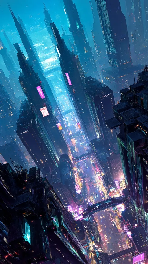 A futuristic cityscape at night, viewed from a high-angle perspective.  Tall, slender buildings densely packed together create a narrow canyon-like street, illuminated by vibrant neon signs and the glow of traffic below. The overall color palette is a blend of deep blues, purples, and pinks, enhancing the city's cyberpunk aesthetic.  The scene evokes a sense of depth and verticality, emphasizing the towering structures that dominate the urban landscape.