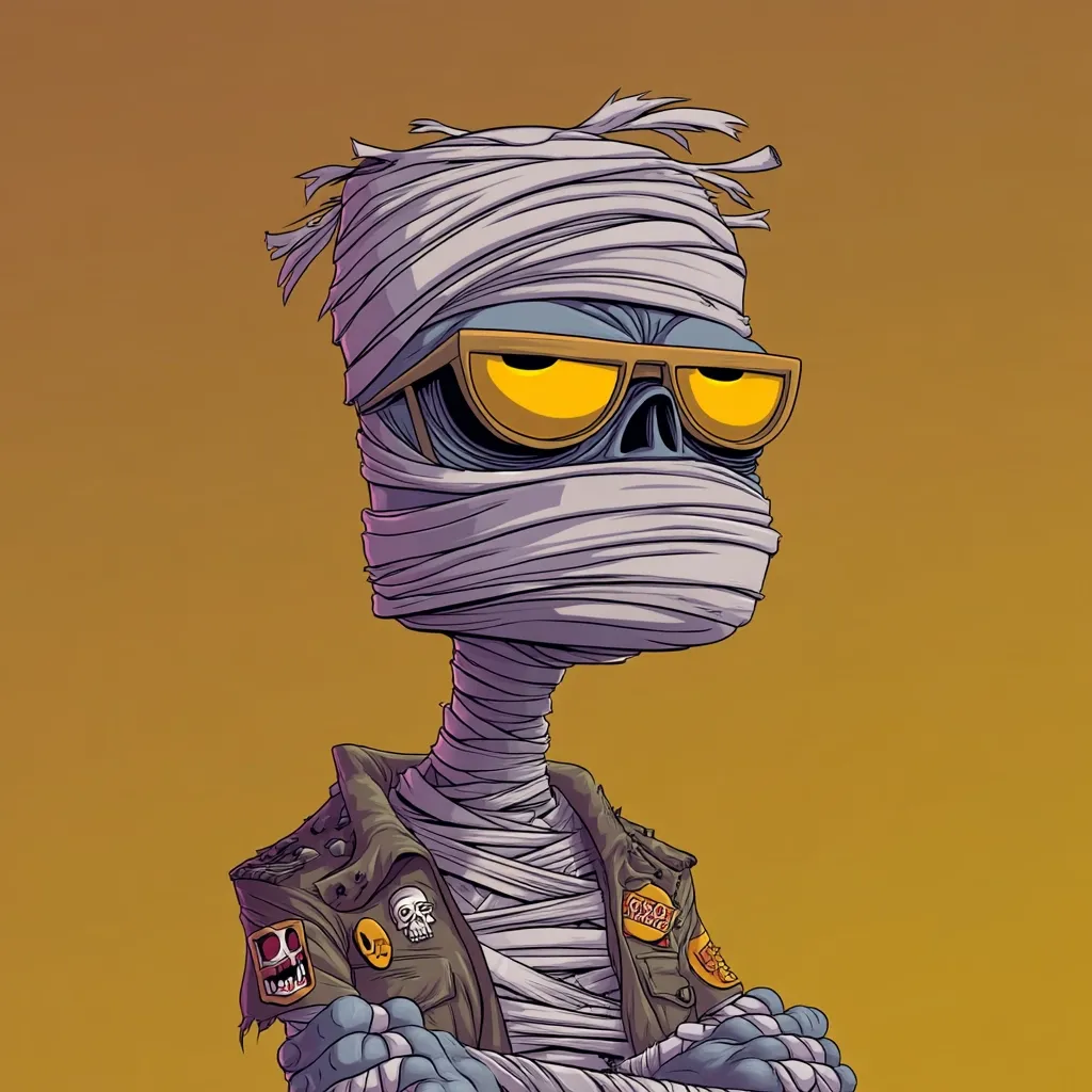 A stylized illustration of a mummy character.  The mummy is depicted wearing aviator-style sunglasses and a patched-up jacket. Its bandages are slightly disheveled, and its expression is one of cool indifference. The color palette is muted, with a focus on earthy tones and a predominantly yellow-gold background. The style is reminiscent of cartoonish graphic art with a touch of vintage flair.