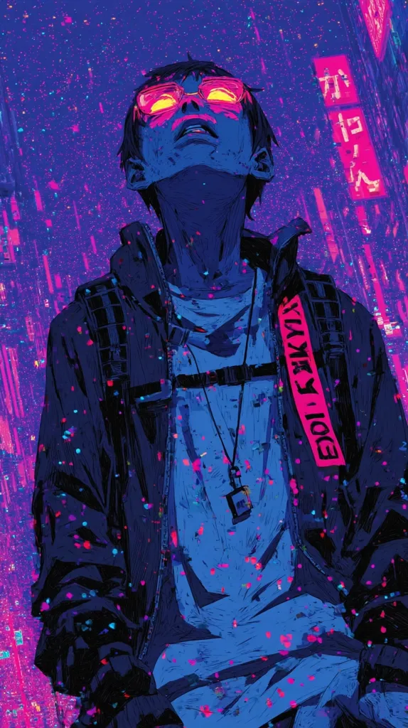 A stylized anime-inspired illustration depicts a young person, possibly male, gazing upward. They are dressed in a dark jacket with vibrant pink accents, a backpack, and glowing glasses.  The backdrop is a futuristic cityscape at night, with neon lights and a digital rain effect.  The overall color palette is predominantly blue and purple, with splashes of pink, creating a cyberpunk aesthetic. The image has a grainy, textured quality.