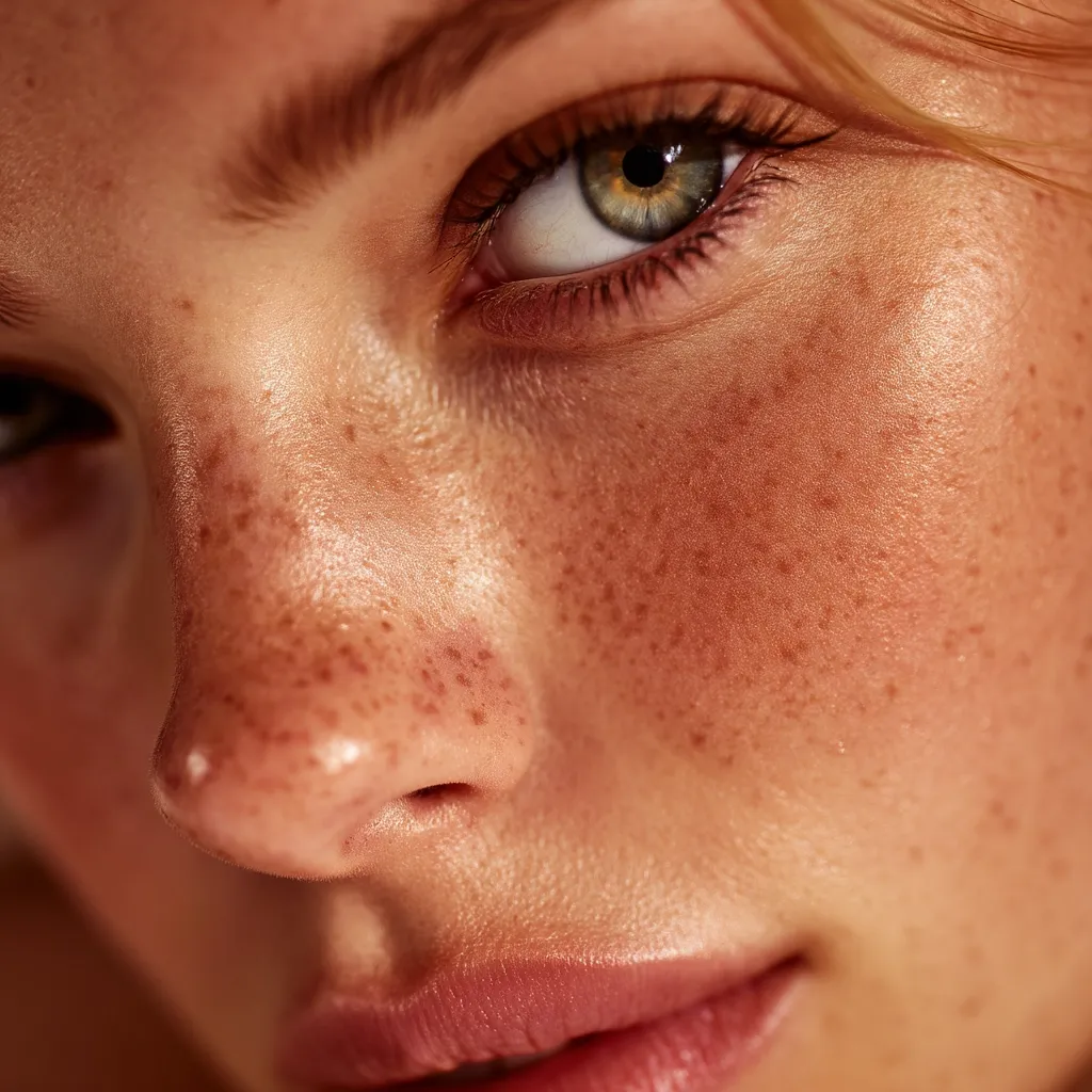 A close-up shot reveals a woman's face, highlighting her freckled complexion and captivating green eyes.  Her skin glows with a sun-kissed luminescence, accentuated by subtle makeup. The focus is on her eye and nose, showcasing the natural beauty and texture of her skin.  The image is warm and intimate, emphasizing the details of her features.