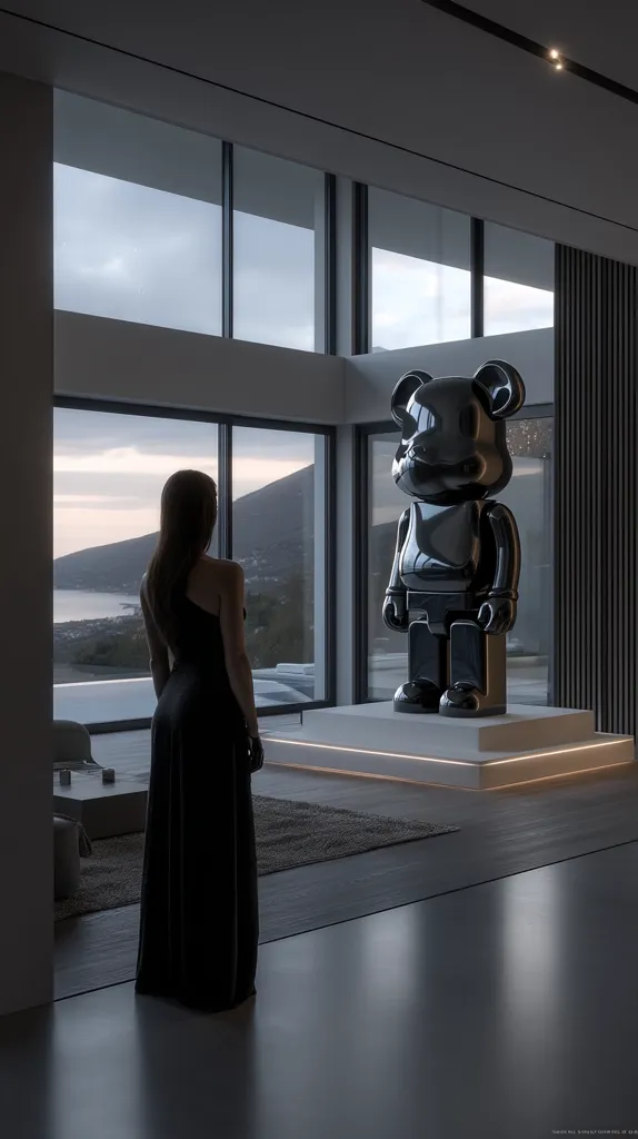 A woman in a long black dress stands in a minimalist modern home overlooking a tranquil sea view.  A large, glossy black bear statue, reminiscent of a Bearbrick toy, is centrally positioned on a low platform. The interior is characterized by clean lines, large windows, and subtle lighting, creating a serene and sophisticated ambiance.