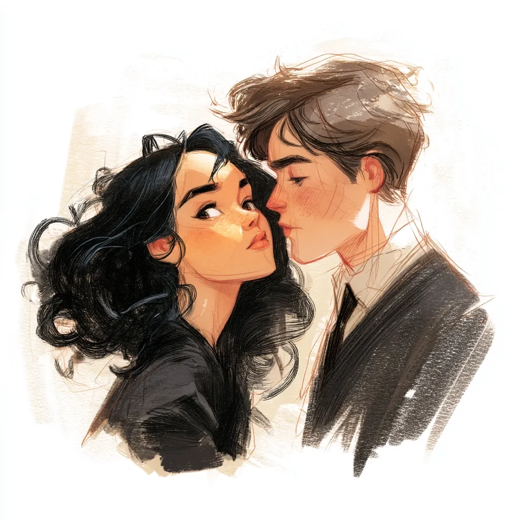 A stylized illustration depicts a young couple intimately close. The woman, with long, dark, curly hair, gazes directly at the viewer, while the man, with short brown hair, leans in, his face nearly touching hers.  Both possess soft features and a warm skin tone. He's dressed in a dark suit and tie, suggesting a formal setting or occasion. The artistic style uses loose brushstrokes and a muted color palette, creating a romantic and tender mood.