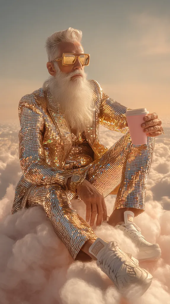 An older man with a long white beard sits on a cloud, wearing a gold sequined suit, gold-framed sunglasses, and white sneakers.  He holds a pink to-go cup.  The scene is bathed in warm, golden light, creating a surreal and luxurious atmosphere.  His expression is serene and contemplative.