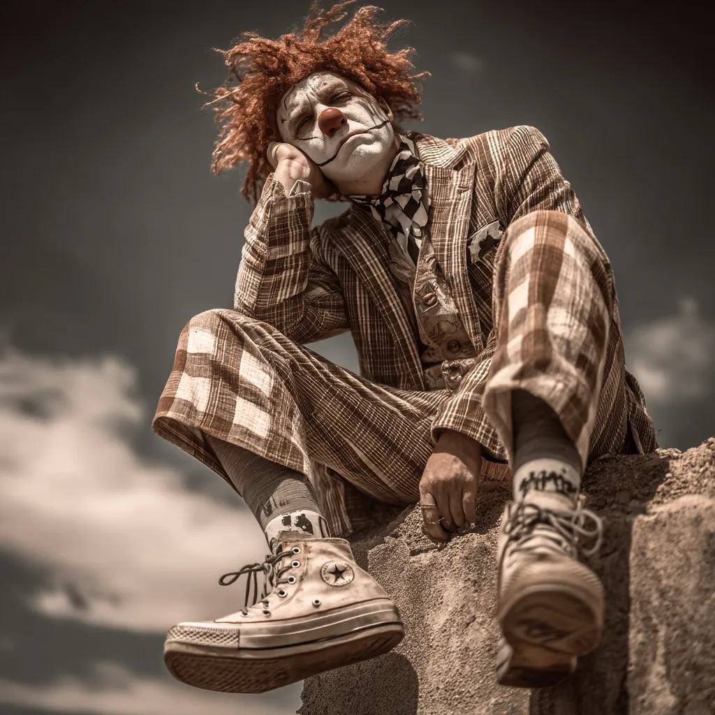 A melancholic clown, with vibrant red hair and classic makeup, sits pensively on a weathered stone.  He's dressed in a brown plaid suit and Converse sneakers, a juxtaposition of formal wear and casual footwear.  The cloudy sky serves as a dramatic backdrop, enhancing the overall somber mood of the image. His hand rests on his chin, conveying a sense of contemplation or weariness.