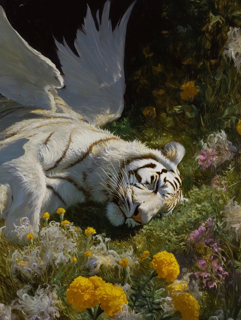 A white tiger, adorned with large, ethereal wings, rests peacefully amidst a vibrant meadow.  Yellow marigolds and other wildflowers bloom around the sleeping feline, bathed in sunlight. The scene is serene and magical, blending the powerful image of the tiger with the delicate beauty of nature. The painting's style is highly realistic, emphasizing texture and light.