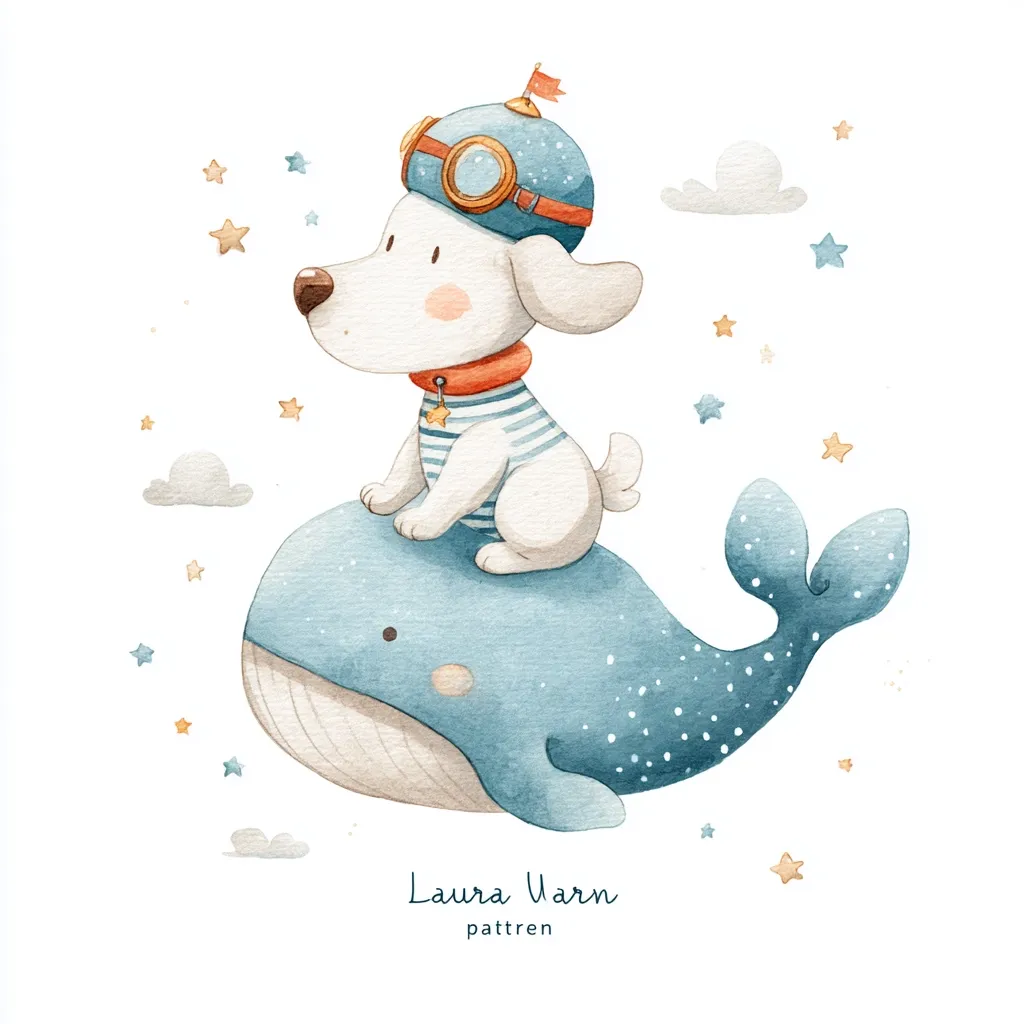 A watercolor illustration shows a cute white dog wearing a pilot's hat and striped shirt sitting atop a friendly blue whale.  Stars and clouds float in the background, creating a whimsical, dreamy atmosphere. The artist's name, Laura Warn, is subtly included at the bottom. The overall style is gentle and charming, perfect for children's book illustrations or nursery decor.