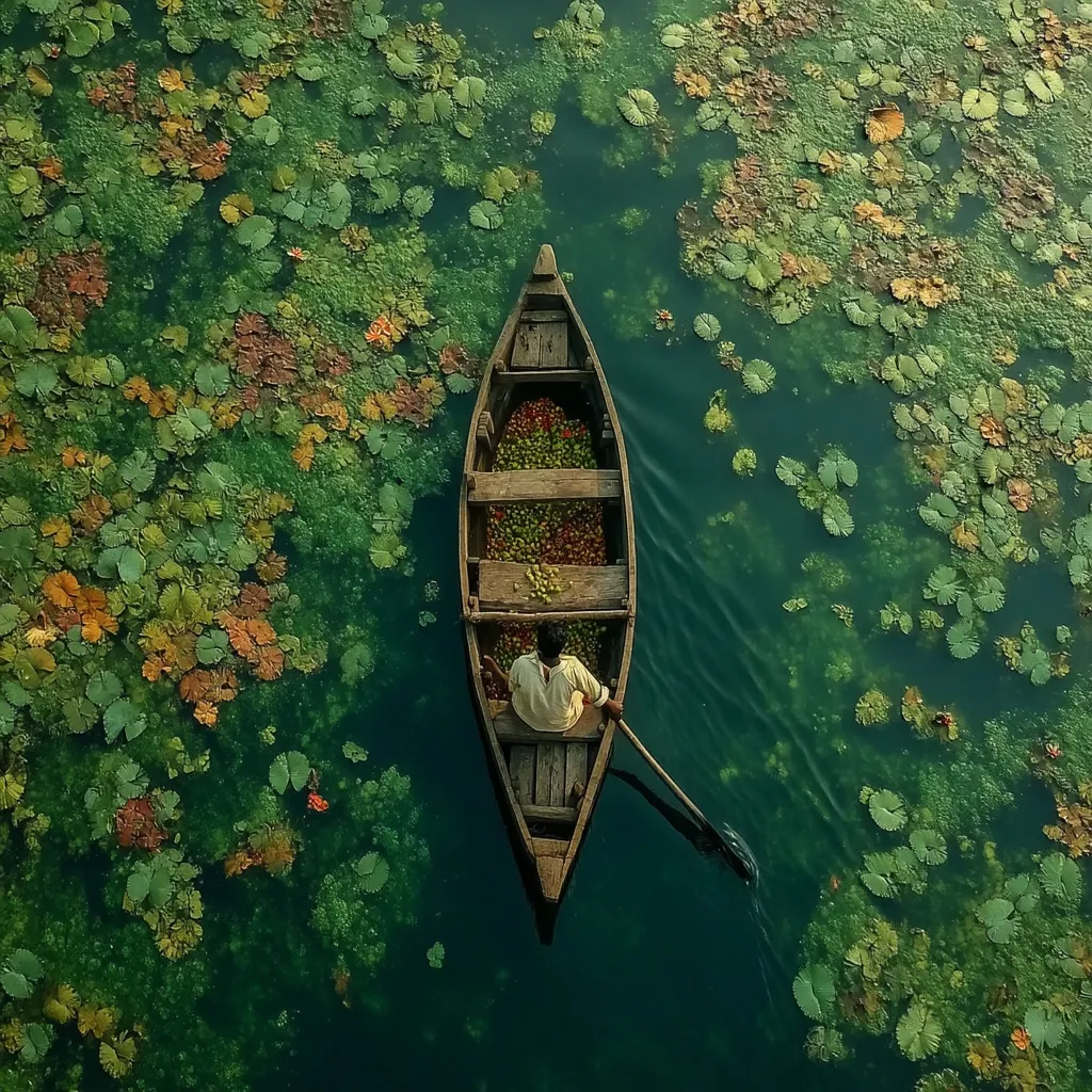 An aerial view captures a lone man in a wooden canoe, navigating tranquil, green waters densely covered in lily pads.  The canoe is laden with what appears to be harvested fruit, possibly coffee beans, adding to the serene yet productive scene. The rich green hues of the water and vegetation create a visually stunning contrast.