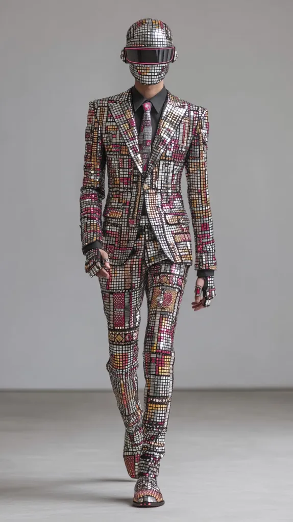A model walks down a runway wearing a striking ensemble.  The outfit consists of a mirrored, mosaic-patterned suit in shades of silver, pink, and gold.  The suit is complemented by a Daft Punk-style helmet and matching high boots. The overall effect is one of futuristic glamour and bold, artistic expression.