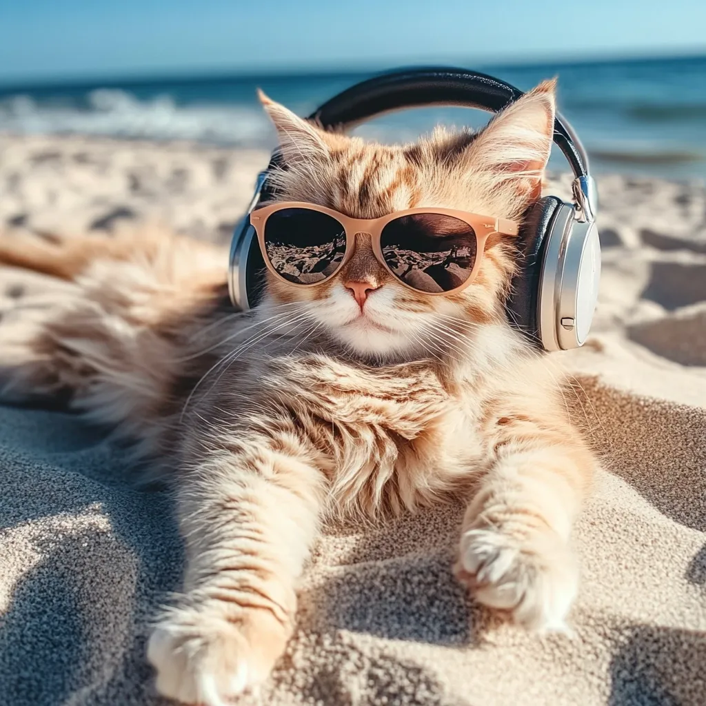 A fluffy ginger cat relaxes on a sandy beach, wearing stylish sunglasses and over-ear headphones.  The cat appears calm and content, enjoying the sunny day and its music. The ocean is visible in the background, adding to the idyllic beach scene.  The cat's relaxed pose and accessories create a humorous and charming image.
