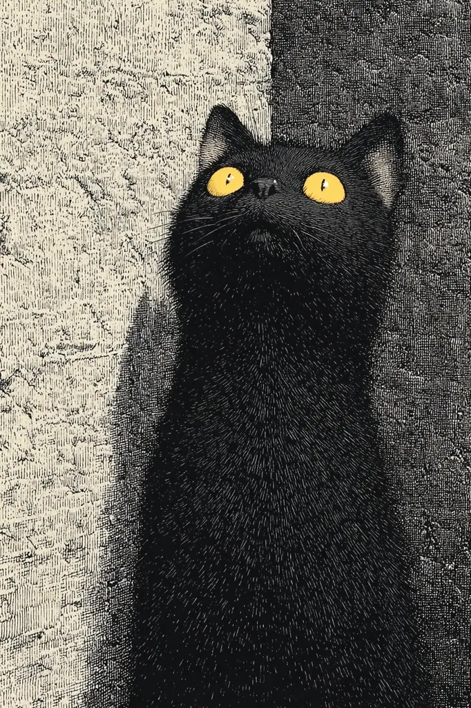 A stylized black cat with bright yellow eyes is depicted against a textured background. The cat is positioned in profile, gazing upward, its fur rendered with detailed, short strokes.  The background splits into two contrasting sections: a light, textured area to the cat's left and a darker, similar textured area to its right. The overall style suggests a print or engraving.