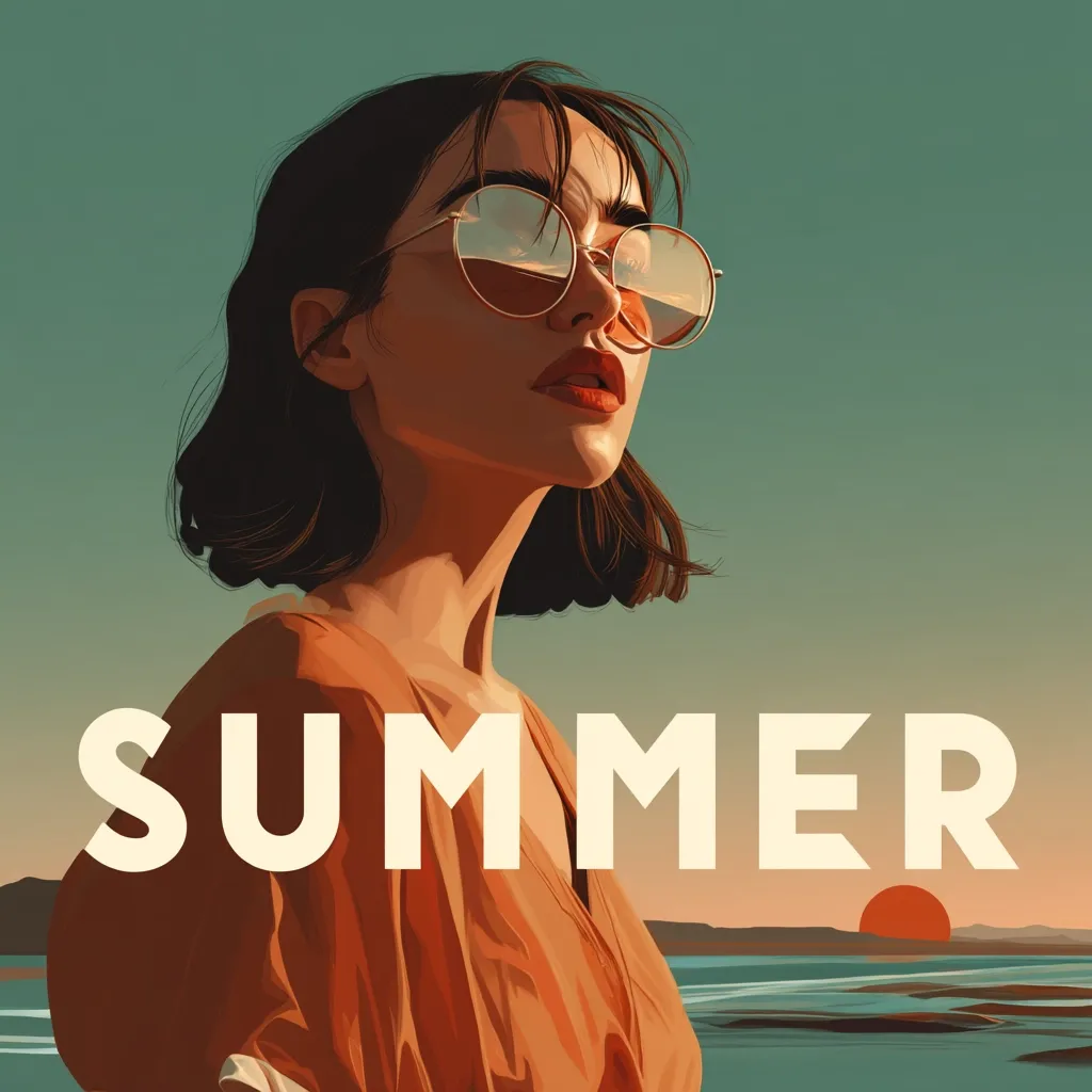 A stylized illustration depicts a young woman with short dark hair, wearing round sunglasses and a burnt orange dress.  She gazes towards a tranquil sunset over a calm body of water.  The word "SUMMER" is prominently displayed in bold, sans-serif lettering across the image, evoking a feeling of warmth and serenity. The overall aesthetic is minimalist and modern.