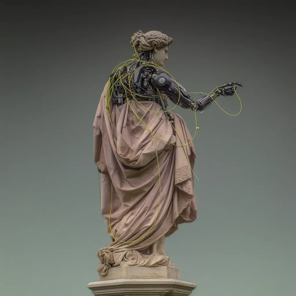 A classical statue of a draped female figure is shown from behind.  Its exterior is sculpted stone, but internally, it's revealed to be a robotic structure with visible mechanical arms and wiring. The statue stands on a pedestal against a muted gray sky. The contrast between classical aesthetics and modern robotics creates a striking visual juxtaposition.