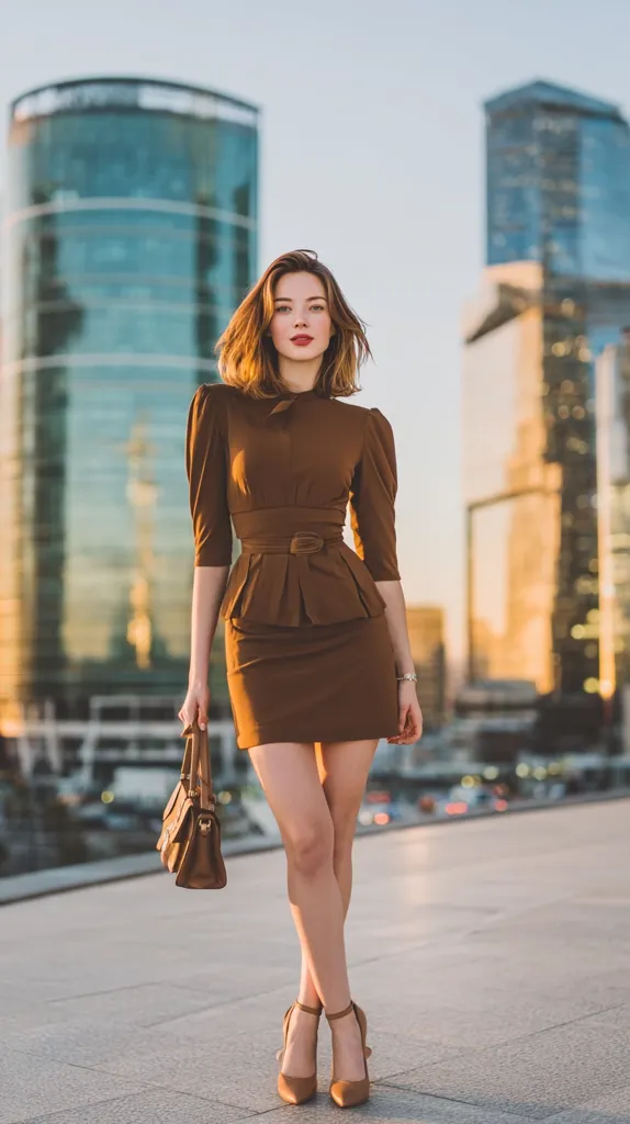 A young woman with shoulder-length brown hair stands confidently in a stylish brown dress and heels. The dress features a belted waist and a peplum detail. She carries a brown handbag, and the city skyline forms a blurred backdrop.  The overall image evokes a sense of sophisticated urban style.