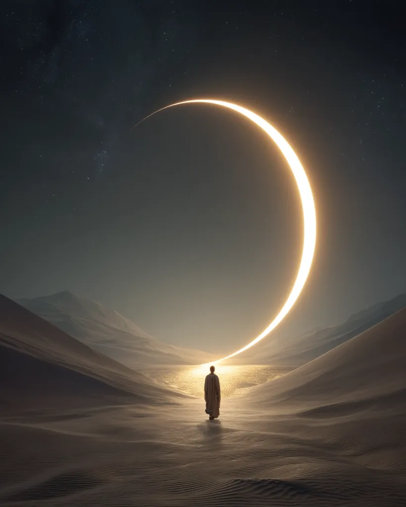 A lone figure, cloaked in beige robes, walks towards a luminous, crescent-shaped light hovering above a tranquil body of water nestled within a desolate, sandy landscape.  The sky above is dark, dotted with stars, creating a mystical and serene atmosphere. The scene evokes a sense of journey, peace, and the unknown.
