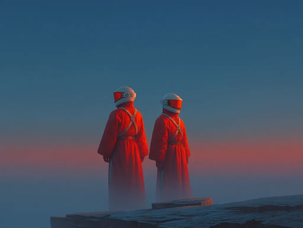 Two figures in red robes and white helmets stand on a cliff edge, gazing out at a misty landscape bathed in the warm glow of a setting sun.  The sky transitions from deep blue to a vibrant orange and pink, creating a dramatic and serene atmosphere.  The scene evokes a sense of mystery and solitude in a possibly alien environment.