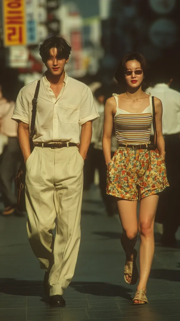 A stylish couple strolls down a bustling Asian street.  He's dressed in a crisp, light beige shirt and trousers, complemented by a brown leather belt and shoulder bag. She wears a striped tank top and floral shorts, accessorized with sunglasses and sandals.  The warm sunlight casts a golden hue on the scene, capturing a vibrant moment of urban life.