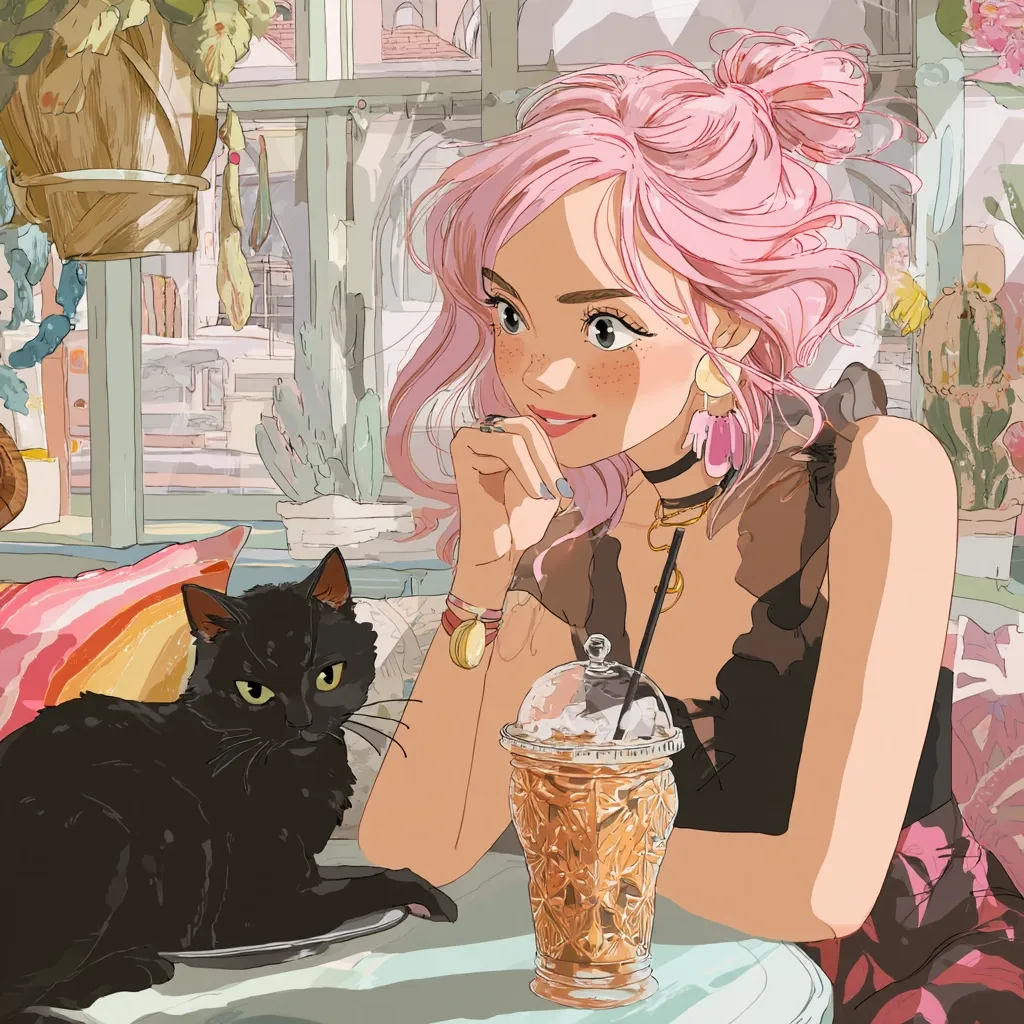 A young woman with pink hair and freckles sits at a cafe table, a black cat resting on a plate beside her.  She's wearing a black dress and delicate jewelry, her hand resting on her chin.  Sunlight streams through a window, illuminating the scene.  A iced drink sits on the table, adding to the relaxing atmosphere of the illustration.  The overall style is soft and whimsical, with a touch of anime influence.