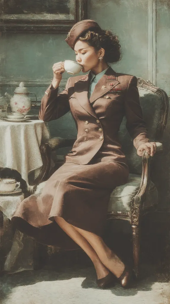A woman in a brown military-style suit sits in an ornate chair, sipping tea from a delicate cup.  Her hairstyle is reminiscent of the 1940s, and she wears a matching cap.  The setting is elegant, with a tea set on a nearby table and a muted, vintage color palette. The image evokes a sense of nostalgia and refined grace.
