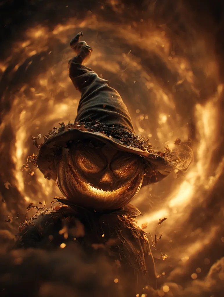 A menacing scarecrow with a glowing jack-o'-lantern face and a tattered, pointed hat stands amidst swirling, fiery embers.  Autumn leaves drift in the air. The image evokes a dark, Halloween-esque atmosphere, with the scarecrow's sinister grin and the fiery backdrop creating a sense of foreboding. The overall effect is dramatic and unsettling.