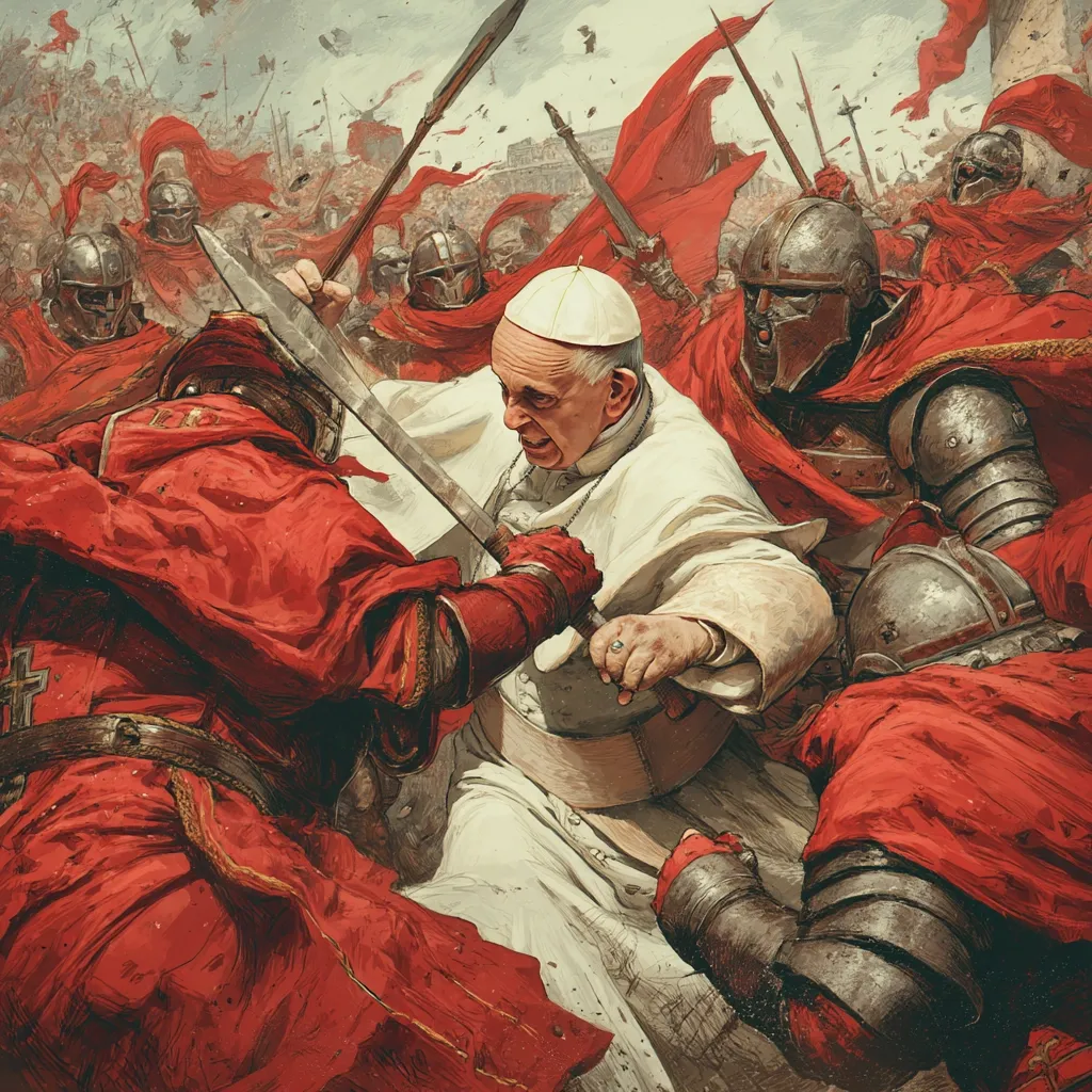 A dramatic depiction of Pope Francis amidst a chaotic battle.  He is centrally positioned, wearing his papal robes, and actively engaged in combat, wielding a sword alongside soldiers clad in red and metallic armor.  The scene is filled with swords, spears, and the red banners of a warring army, suggesting a fierce and violent struggle. The style is painterly and evokes a sense of intense action and religious conflict.