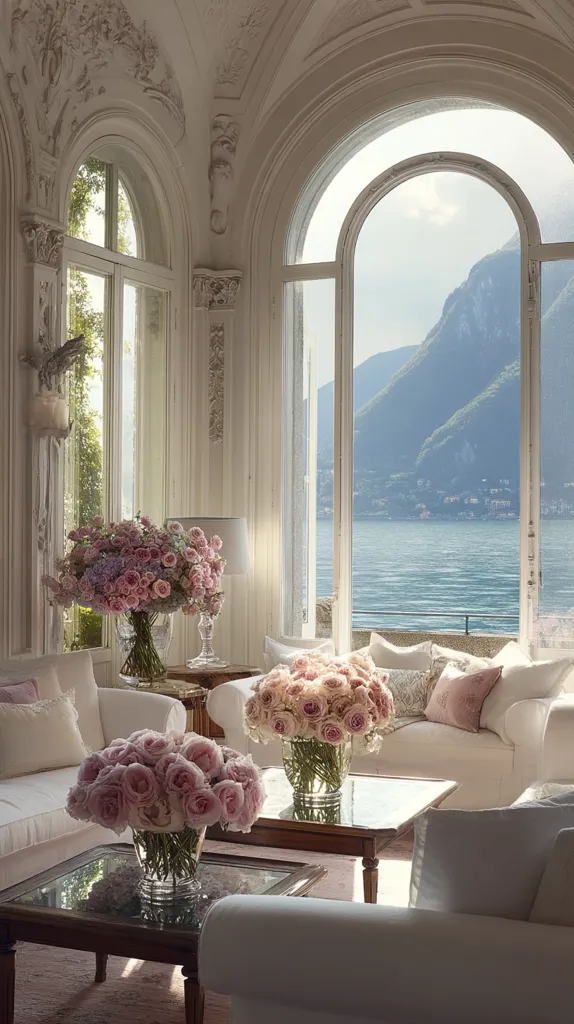 A luxurious living room boasts ornate white architecture and large arched windows offering a breathtaking view of a lake and mountains.  Several lavish arrangements of light pink roses adorn elegant coffee tables.  Soft white sofas and armchairs create a serene and sophisticated atmosphere.  Sunlight streams through the windows, illuminating the room's opulent details.