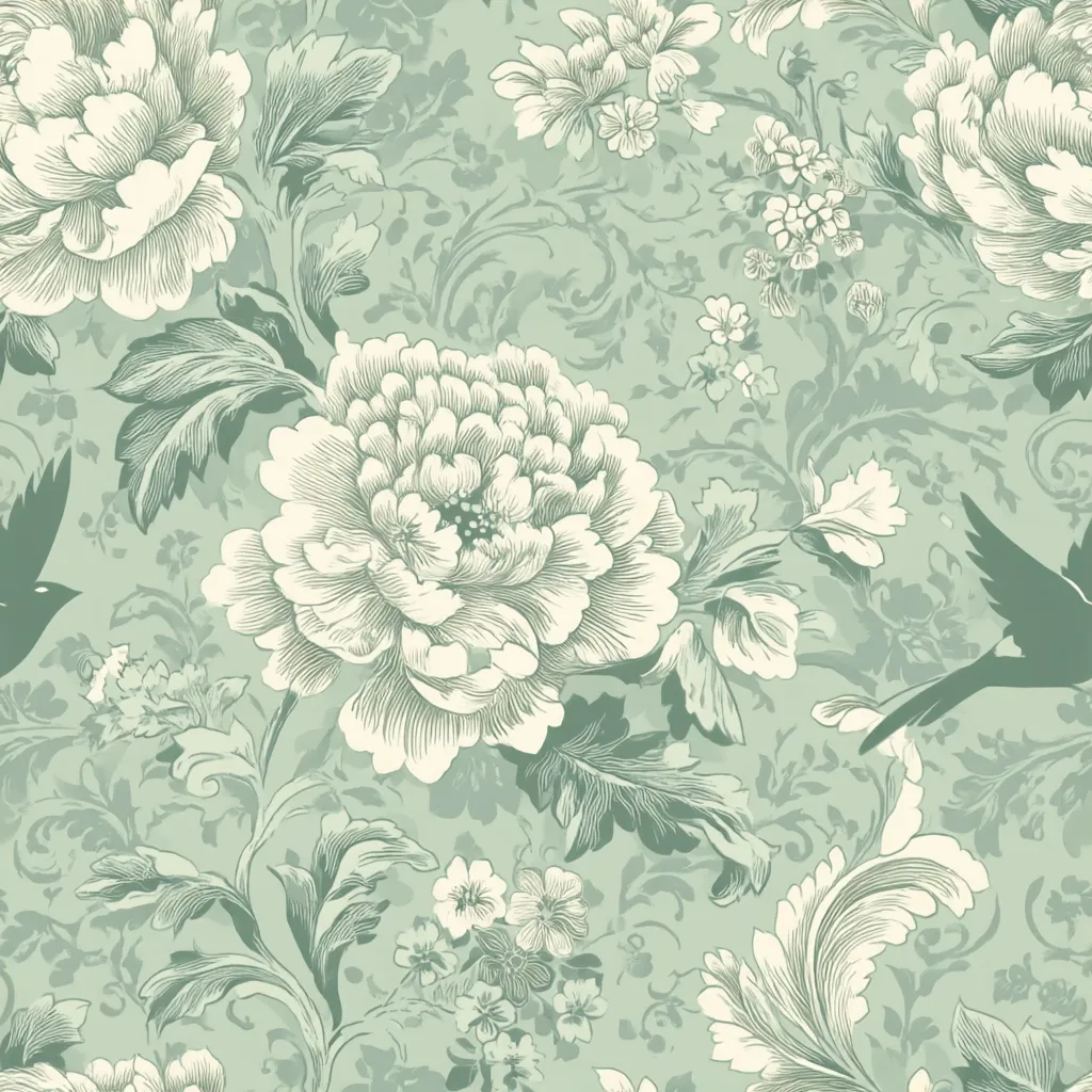 A seamless floral pattern in soft sage green features large, detailed peony blossoms and smaller accent flowers.  The design is reminiscent of vintage wallpaper, with ornate, swirling leaves and two stylized birds subtly incorporated into the repeating motif.  The creamy off-white of the flowers contrasts beautifully against the muted green background. The overall style is elegant and romantic.