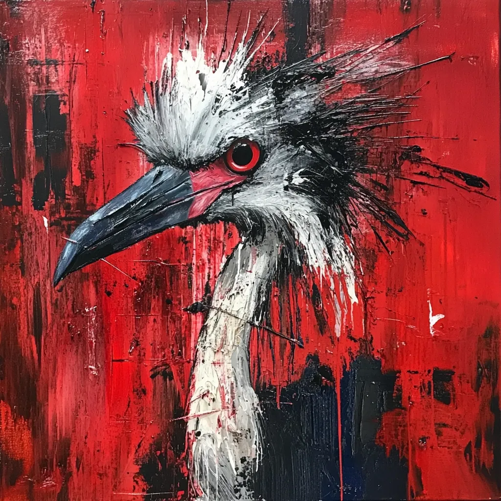 An expressive impasto painting depicts a crowned crane's head and neck against a vibrant red background.  The bird is rendered with thick, textured brushstrokes in shades of white, gray, and black, contrasting sharply with the bold red backdrop.  The crane's intense red eye is a focal point, its plumage suggested by dynamic, energetic strokes. The overall style is abstract expressionism, prioritizing emotion and texture over strict realism.