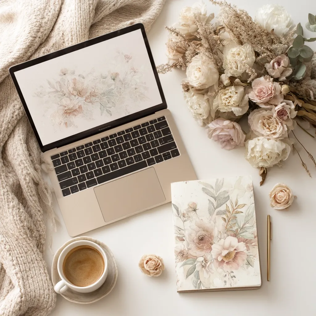 A flat lay showcasing a cozy workspace. A gold laptop displays a delicate floral wallpaper, complemented by a matching floral notebook and a gold pen.  A cup of coffee sits beside the laptop, nestled amongst a creamy knit sweater and a bouquet of dried, blush-toned flowers. Small rose buds add to the soft, muted aesthetic.  The overall scene evokes a feeling of calm and creativity.