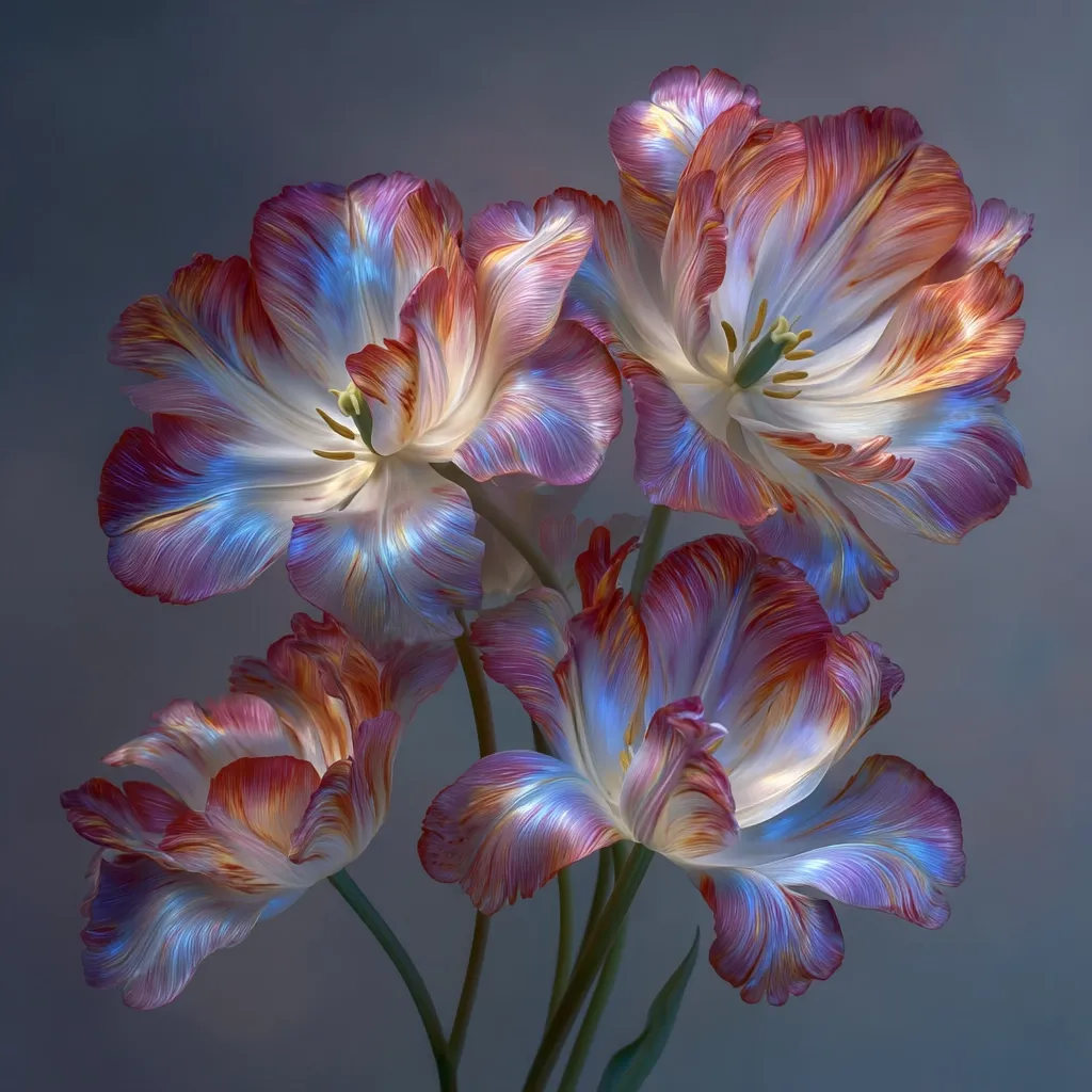 A close-up captures a cluster of five vibrant tulips, their petals painted with strokes of reddish-orange and cool blues and purples.  The flowers, seemingly illuminated from within, possess a luminous quality against a muted grey-blue background.  The image showcases the intricate details of the tulip petals, highlighting their delicate texture and striking color contrasts.  The overall impression is one of ethereal beauty and vibrant artistry.