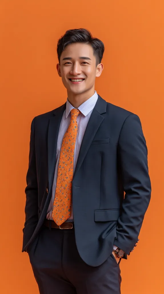 A young Asian man with short dark hair smiles confidently. He's dressed in a dark navy blue suit, light blue shirt, and an orange patterned tie.  His hands are casually in his pockets. The vibrant orange background accentuates his attire and cheerful expression, creating a professional yet approachable portrait.