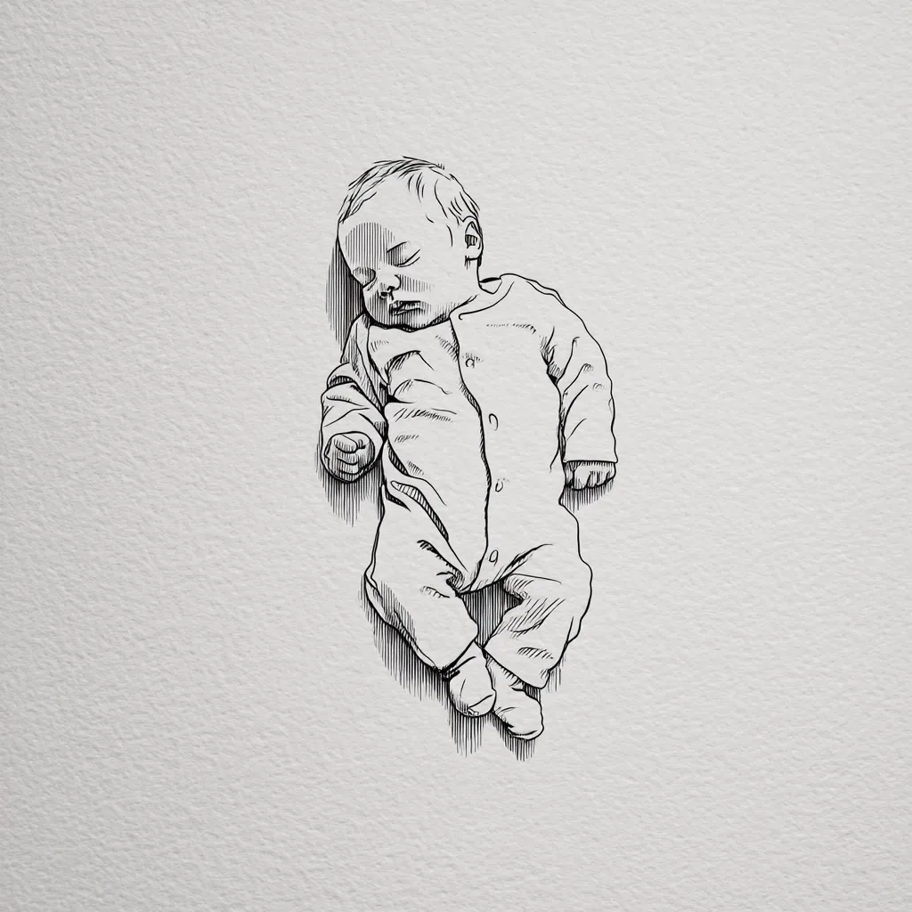 A detailed ink drawing depicts a sleeping infant lying on its back.  The baby is dressed in a one-piece sleeper. The style is reminiscent of an etching or engraving, with cross-hatching creating shadow and texture. The image is positioned slightly off-center against a textured, off-white background. The overall impression is one of peaceful serenity and delicate detail.
