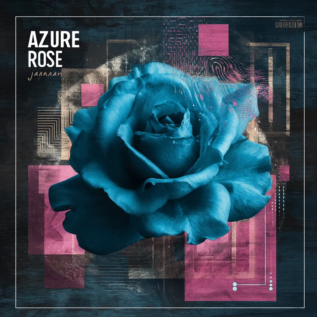 A vibrant teal rose dominates this album art for "Azure Rose" by Jannaan.  The rose is set against a dark background featuring geometric shapes and textured overlays in shades of pink and gold, creating a collage effect. The title and artist name are prominently displayed, adding to the artistic and musical feel.  The overall style is modern and abstract.
