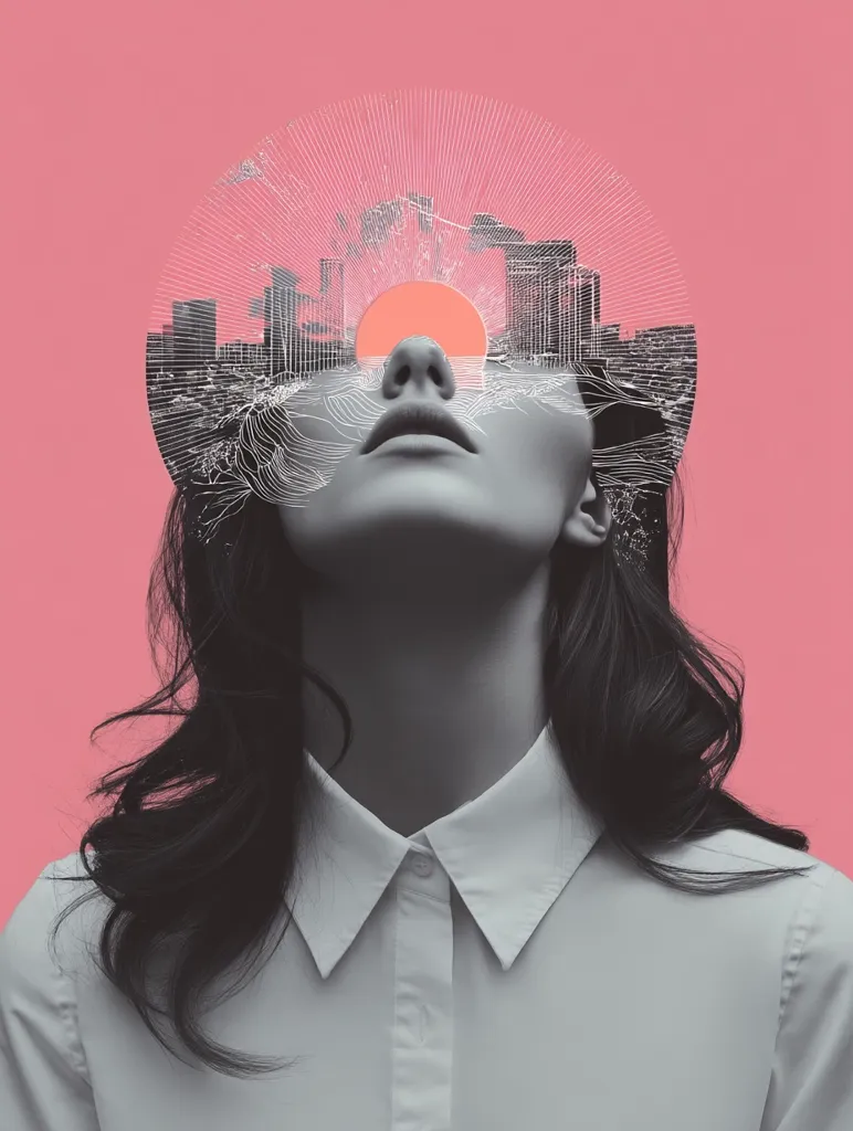 A monochromatic woman with long dark hair, wearing a collared shirt, is depicted against a pink background.  A circular overlay shows a stylized cityscape and a setting sun, superimposed over her face, suggesting dreams, visions, or inner thoughts. The image blends surrealism and graphic design, creating a visually striking and thought-provoking composition.