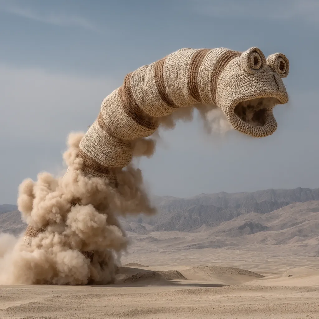 A large, crocheted worm-like sculpture is depicted erupting from the desert sand.  The sculpture is light beige and brown, with a whimsical, almost cartoonish face. A large cloud of dust billows behind it, suggesting a powerful, dynamic movement.  The backdrop is a vast, arid desert landscape under a pale sky. The overall image is surreal and striking.