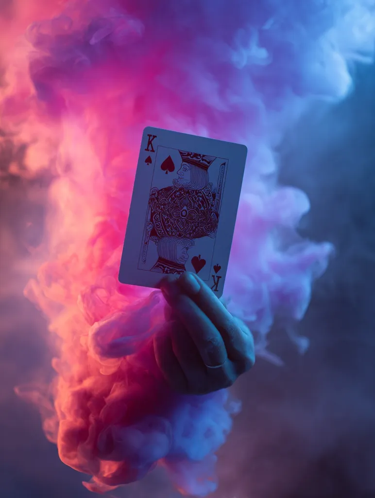 A hand holds the King of Spades playing card against a vibrant backdrop of pink and blue smoke.  The dramatic lighting and swirling colors create a mystical and atmospheric scene, suggesting magic or illusion. The focus is on the card and hand, emphasized by the blurred, colorful smoke.  The overall mood is enigmatic and captivating.